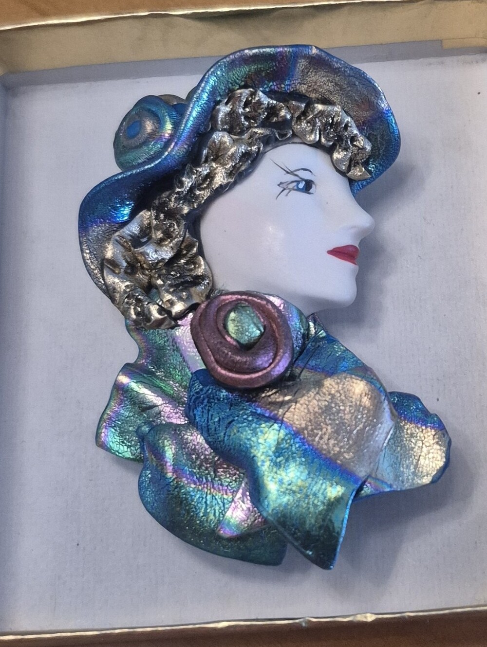 Artisan Dichroic Glass Lady Brooch Pin Iridescent Woman Face Statement